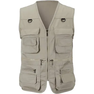 Mens Multi Pocket Vest Fishing Waistcoat Hunting Safari Body Warmer Gilet Jacket • £12.03