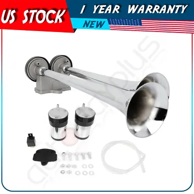 Loud 12V Dual Trumpet Chrome Train Air Horn Compressors Kit For Car Truck Boat • $43.01