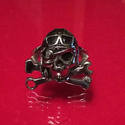 Biker Ring Stainless Steel Size 11 Skull Pilot Goggles Crossed Wrenches Mechanic • $9.99