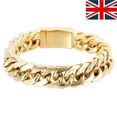 UNISEX STAINLESS 18K GOLD Plated MENS/LADIES LINK CHAIN CURB BRACELET 14MM • £5.40