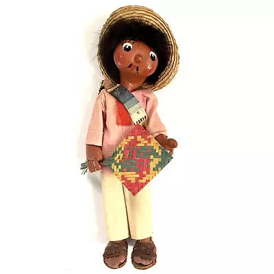 Vintage 70s Handmade Painted Mexican Boy Doll Oil Cloth 11  Folk Art Sombrero • $21.99