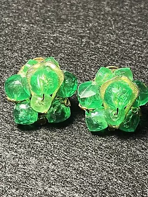 Vintage West Germany Greenish Glass Beaded Earrings Gold Toned Clip On • $21