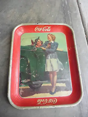 1942 Drink Coca Cola Tin Litho Serving Tray 2 Pretty Girls W Green Car Original • $24.99