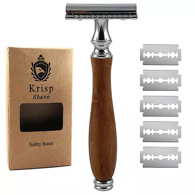 Long Wooden Handle Double Edge Safety Razor For Men Beard Wet Shave + 10 Blades • $15.29