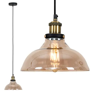 Industrial Suspended Ceiling Light Fitting Brass Amber Glass Lamp Shade LED Bulb • £19.99