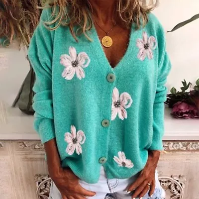 Women's Long-sleeved Cardigan Embroidered V-neck Knitted Sweater • £21.95