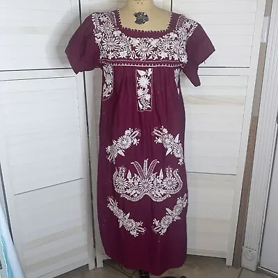 Vintage 70s Burgandy Hand Embroidered Mexican Oaxocan Fesitval Dress Boho Small • £48.26
