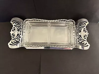 Vtg Farber Bros Krome Kraft Divided Glass  & Metal Tray Serving Dish 10  Approx • $17