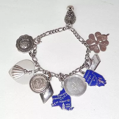 Vintage 925 Sterling Silver Charm Bracelet With 10 Charms New York Illinois • $115.99