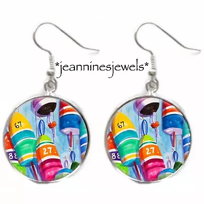 Lobster Buoys EARRINGS Watercolor Nautical Art Print Silver Charm Drop Dangle • $21.99