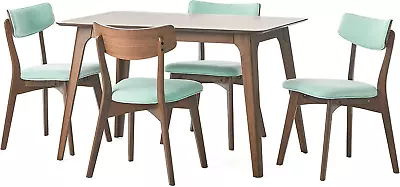 Megann Mid-Century Wood Dining Set With Fabric Chairs 5-Pcs Set Natural Walnut • $726.21