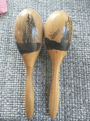 Beautiful Vintage Pair Hand Painted & Carved Maracas/Exc Condition/Floral&Trees • $23