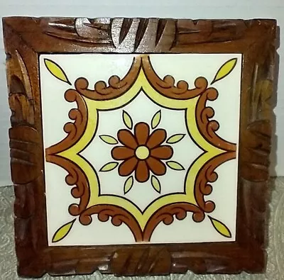 Vintage Wood Framed Dal-Tile Trivet Hot Pad Mexico Hand Carved • $12.99