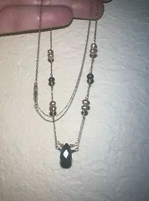 $139.99 • Buy 10k Yellow Gold Black Diamond Briolette And Pearl Beaded Necklace 