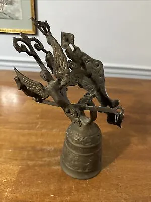 Vintage Ornate Brass Monastery Bell Intact Angel Dragon Metal Patina • $25.99
