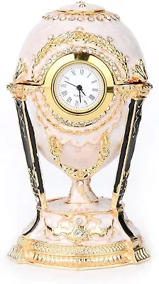 Faberge Hand Painted Enameled Egg White Table Clock Figurine Jewelry Trinket Box • $45