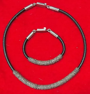 Vtg TAXCO 925 Sterling Silver Coil Wrapped Blk Leather Cord Bracelet & Necklace • $49.95