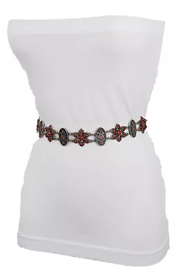 Women Vintage Silver Metal Beige Tie Ethnic Belt Hip High Waist Red Flower S M • $18.99