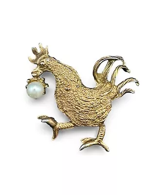 Vintage Kramer (?) Gold Tone Rooster With Faux Pearl Brooch • $7