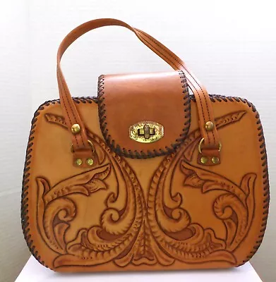 Leather Hand Tooled Embossed Mexican Handbag Western Bag Top Handle Brown 60s • $48.21