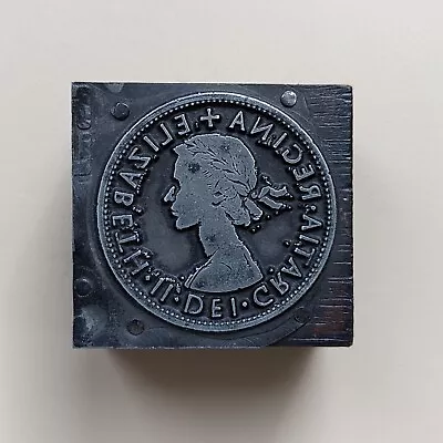 Vintage Letterpress Printing Plate / Block - British Elizabeth Half Crown Coin • £7.50