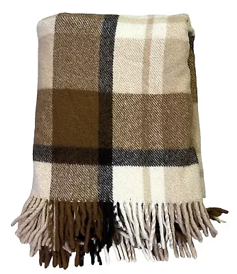 Sun Products Vernon CA Vintage 100% Wool Brown Plaid Fringe Throw Blanket • $29.99