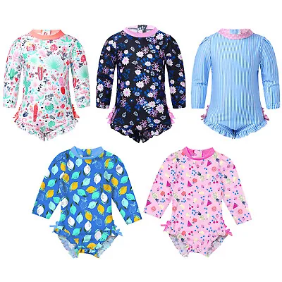 Infant Baby Girls One Piece Swimsuit Rash Guard Long Sleeve Ruffled Bathing Suit • £9.66