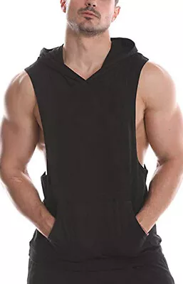 Men's Fit Athletic Workout Running Shirts Gym Sleeveless With Hoodie Muscle Vest • $10.99