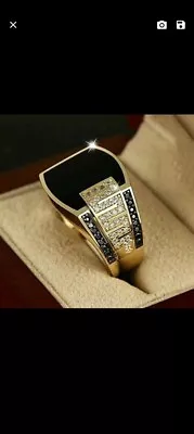  Men's Ring Black Sapphire Gold Plated Iced Out Ring Size 8 Luxury Jewelry  • $20