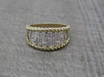 Stunning 9ct Yellow Gold .10ct Diamond Greek Key Design Diamond Ring Size O • $308.53