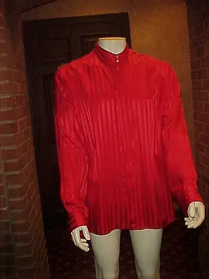 Vintage Men Genelli Red Tone On Tone Stripe Silk Shirt Nehru Collar Xl/2xl Flaws • $75