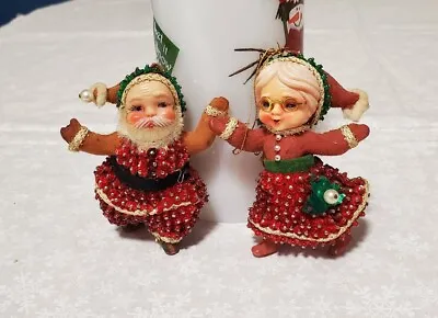 Vintage Santa & Mrs. Claus Ornaments Sequined Flocked Beaded 3.5” Christmas • $19.95