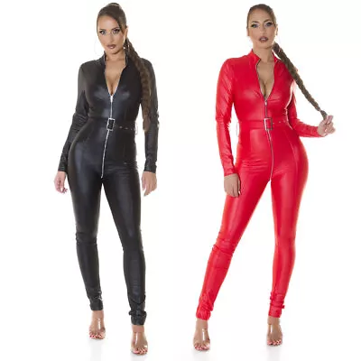 Leather Look Jumpsuit Catsuit Full Crotch Zip Sleeved Belted KouCla- Black & Red • £49.95
