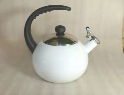 Vintage Farberware White Enamel Teapot Loud Whistling Kettle Half Handle • $14.97