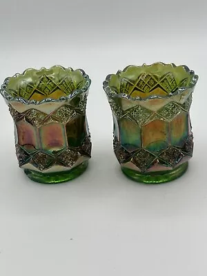 2 Vintage Imperial Glass Emerald Green Carnival Glass Toothpick Holders 2 1/2” • $30