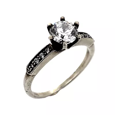 Vintage Art Deco Silver Lab-Created Diamond Solitaire Engagement Ring • $99