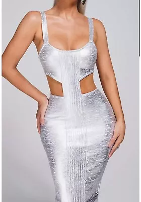 NWT Bella Barnett Alexandria Metallic Bandage Dress Silver Midi Cutouts Party • $40