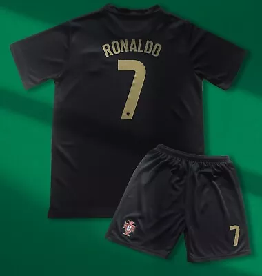 Portugal Kids Black Soccer Jersey #7 Ronaldo Shorts & Socks Kit Set Youth Sizes • $24.99