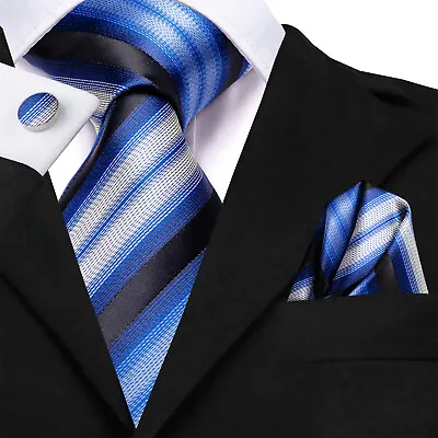 Mens Silk Tie Pocket Square Cufflinks Wedding Blue Red Black Set Wedding Gift  • £7.99