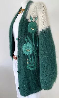 Vtg 12/14 Hand Knitted Green Mohair Long Blouson V Neck Cardigan Applique Lined • £37.99