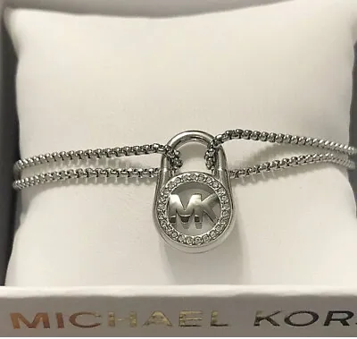 $85 New  MICHAEL KORS SILVER-TONE CRYSTAL PAVE PADLOCK SLIDER BRACELET • $57