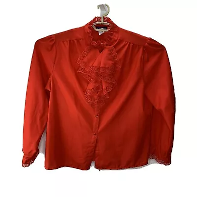 Vintage Secretary Ruffle Blouse Style Trip 1970s 1980s Red Long Sleeve Polyester • $29.99