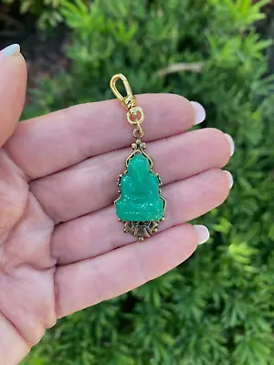 Vintage Buddha Pendant Charm Green Peking Glass Jade Color  Asian Lucky W Clip • $45