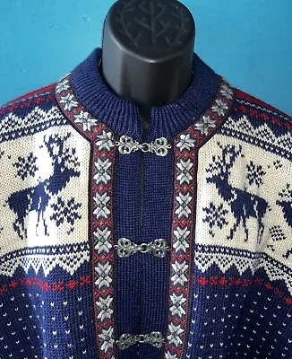 Vintage ‘80s Primo Men's Norway Sweater Norwegian Wool Reindeer Metal Clasps-M • $78.98