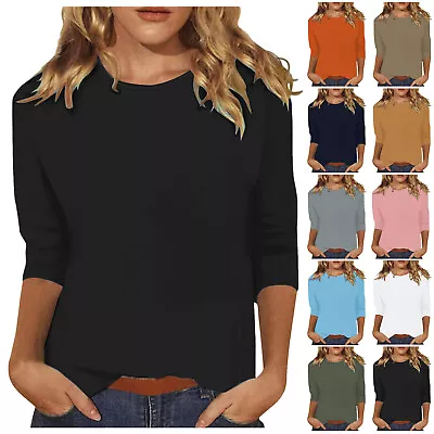 3/4 Length Sleeve Womens Tops Casual Loose Fit Crewneck T Shirts Cute Solid • $12.14