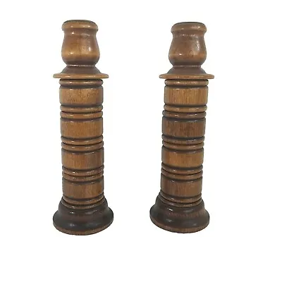 Vintage Mid Century Modern Carved Wood Napkin Ring Candlestick Holders • $18.99