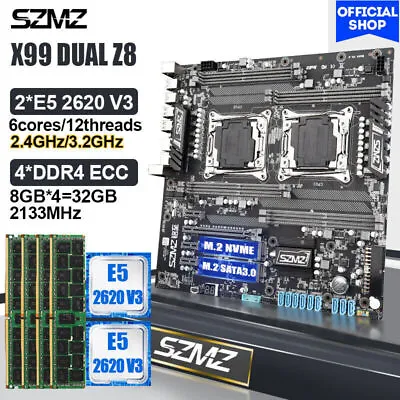 SZMZ X99 Dual Z8 Motherboad Set With 2 E5 2620 V3 CPU & 4*8GB DDR4 RAM X99 Combo • $357.93