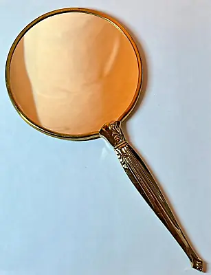 Art Deco Gold Toned Double-Sided Vanity Handheld Mirror~11  • $10