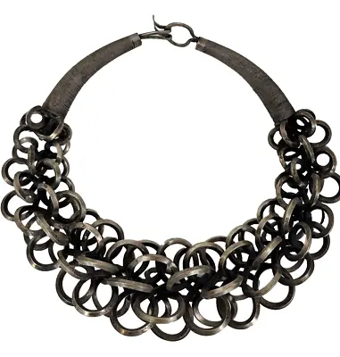 Vintage Chinese Miao Hill Tribal Metal Rings Heavy Necklace W/Stand • $350