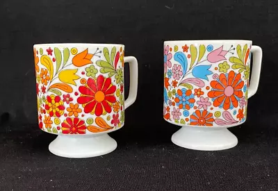 2 Vintage Ceramic Pedestal Coffee Cups Mugs Mod Hippie Flower Power Floral MCM • $24.99